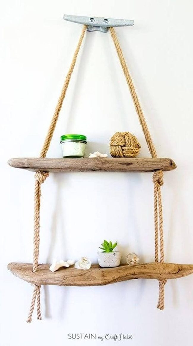 Rope-Hung Wood Shelves With Plants