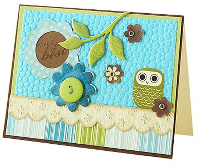 Blue Owl Card With Scalloped Lace Edge