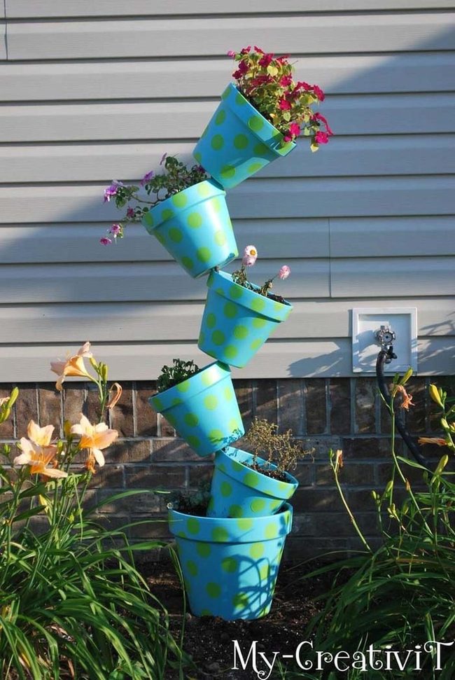 Stacked Teal Pots Garden Tower