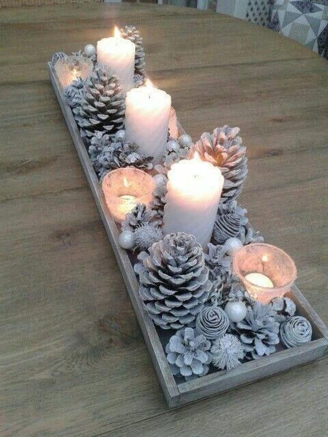 White Frosted Pine Cones Candlelight