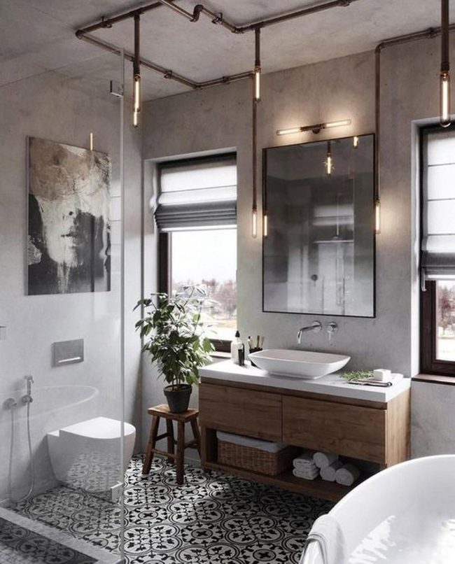 Gray Walls, Geometric Black Tiles