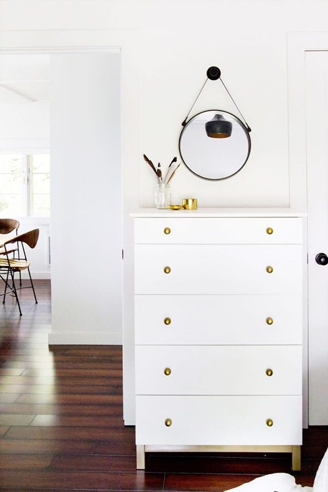 White Dresser, Brass Hardware, Gold Accents