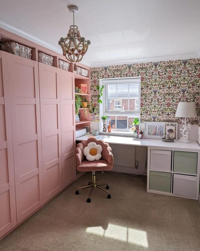 Pink Storage Wardrobes With Floral Walls