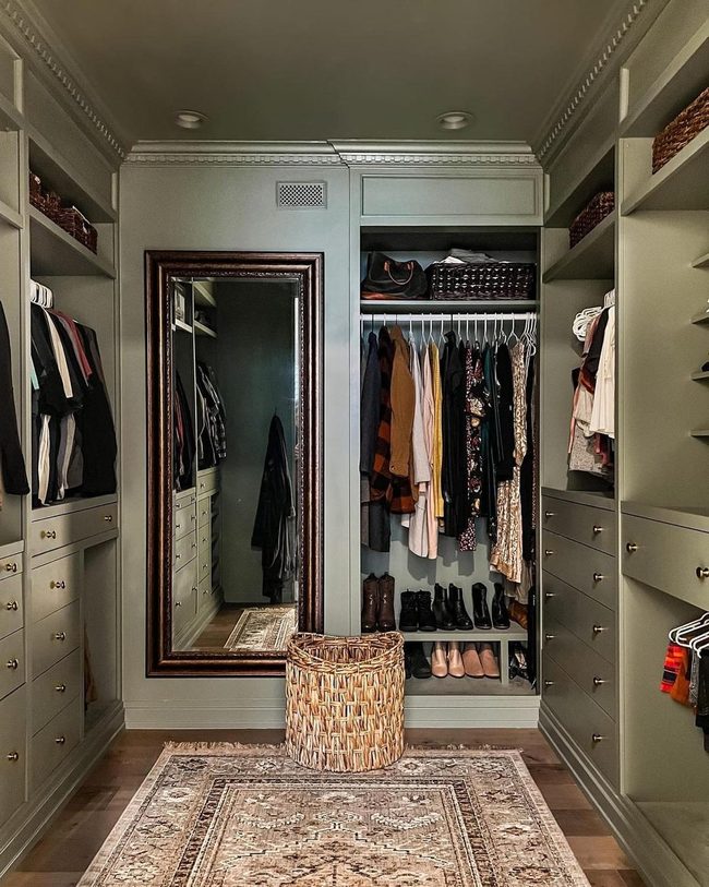 Green Closet, Wooden Mirror, Woven Storage