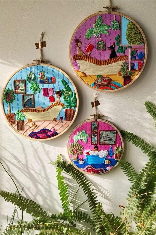 Purple Pink Embroidered Bathroom Scenes