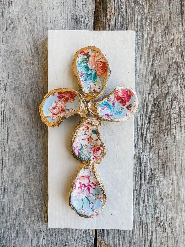 Oyster Shell Cross With Floral Patterns