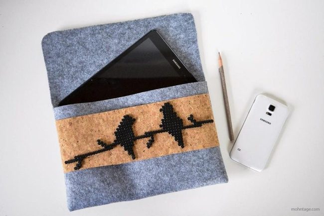 Cork Tablet Sleeve With Stitched Birds