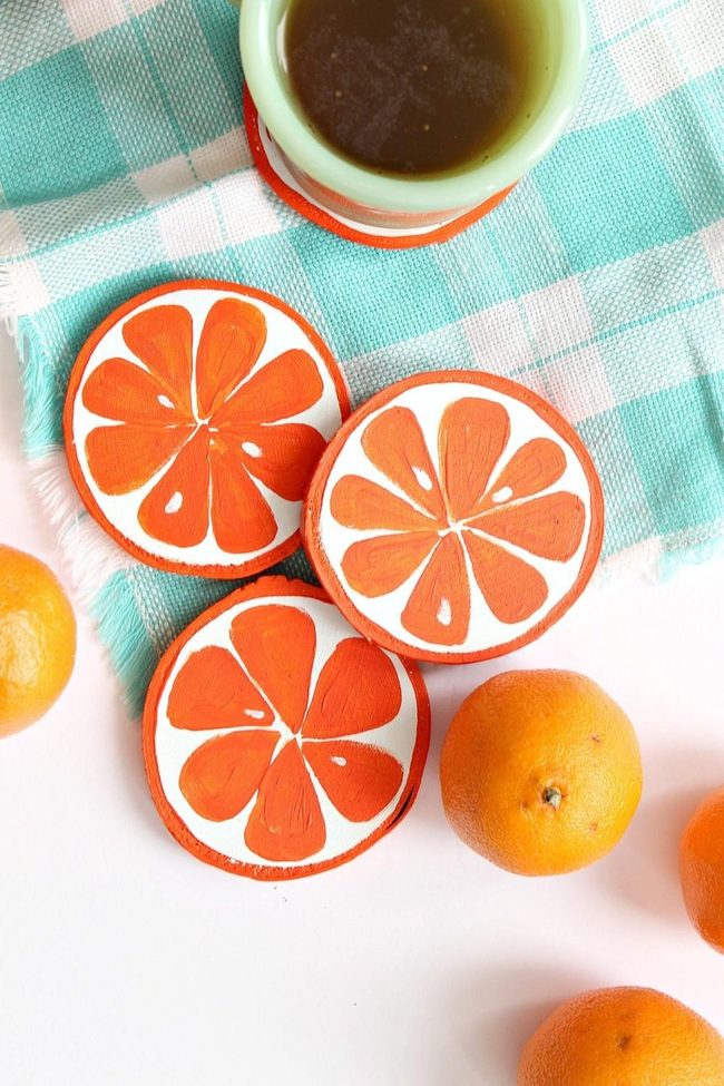 Orange Citrus Coasters With Green Tea Cups
