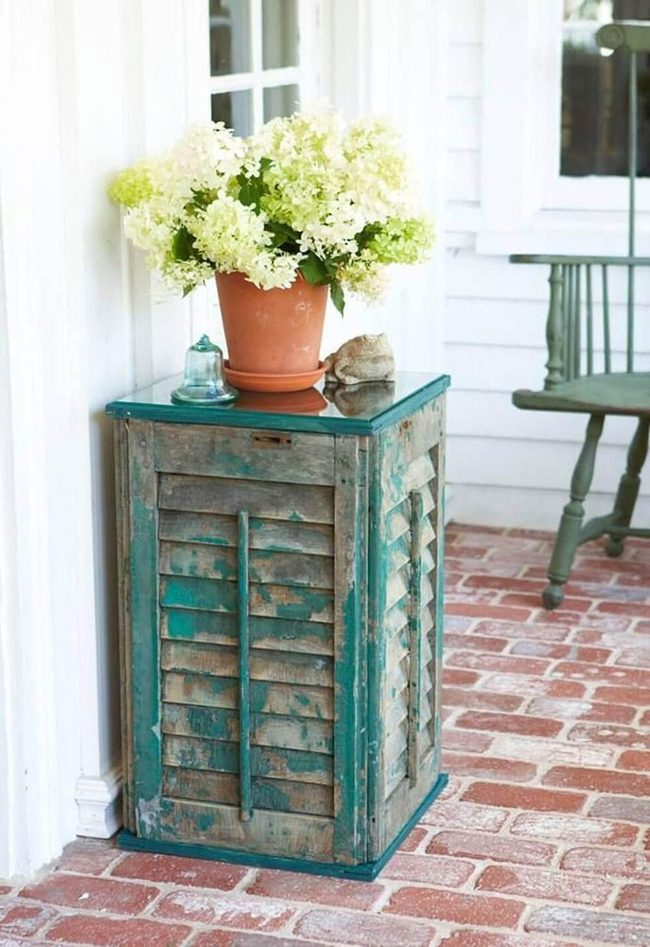 Glossy Green Pedestal With Weathered Shutters