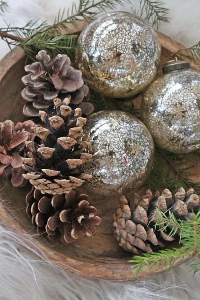 Silver Ornaments And Pinecones