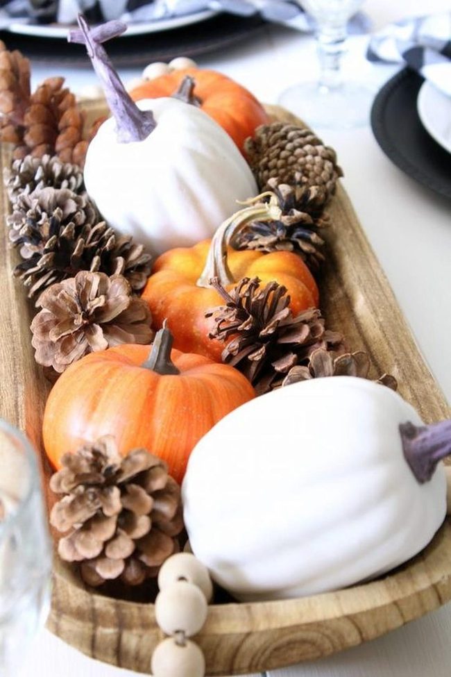 Orange Pumpkins, Wooden Trays, Black Plates