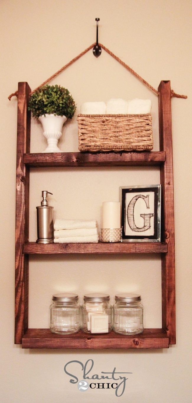 Rope-Hung Wood Shelves Bathroom