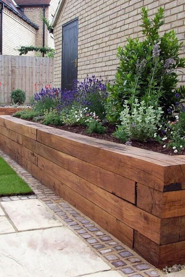Wooden Planter Purple Blooms