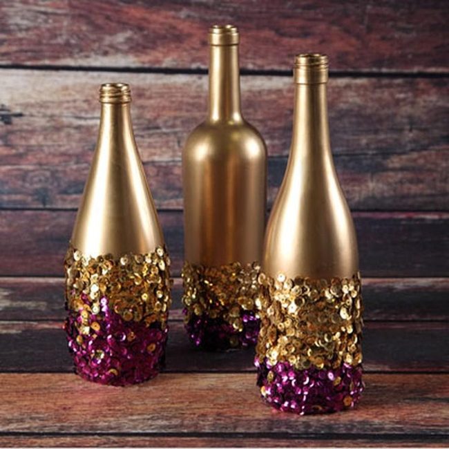Gold Sequin Bottles, Wooden Glow