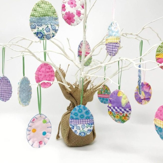 Handstitched Fabric Eggs On White Branches