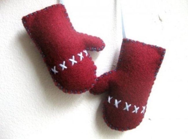 Red Felt Mittens White Stitched