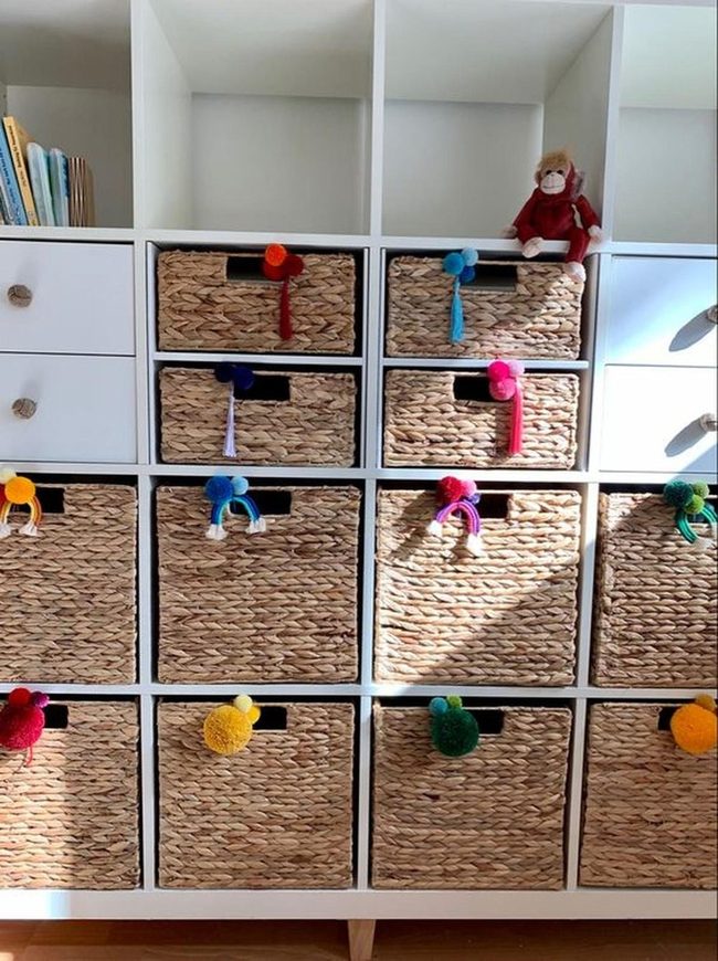 White Shelves, Wicker Baskets, Pom-Pom