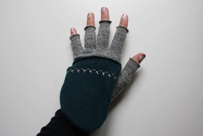 Dark Green Leather Fingerless Mittens