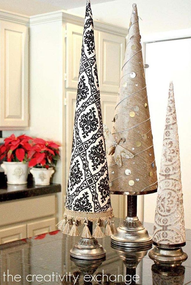 Fabric-Draped Cone Trees In Jewel Tones