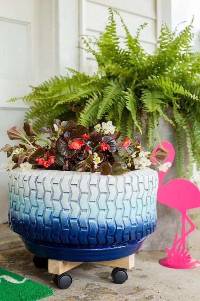 Painted Tire Planters Front Yard