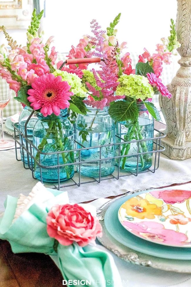 Pink Blooms In Mason Jars
