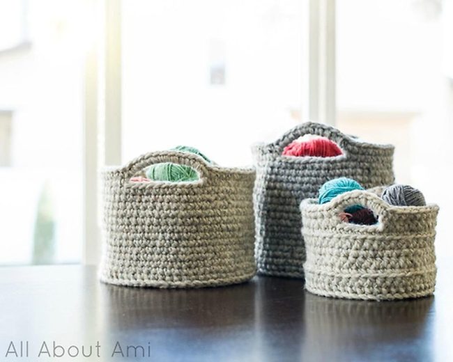 Beige Knitted Baskets With Colorful Yarn