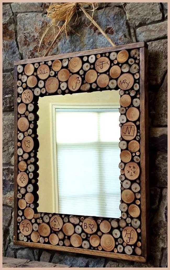 Wooden Slice Mirror Gray Stone