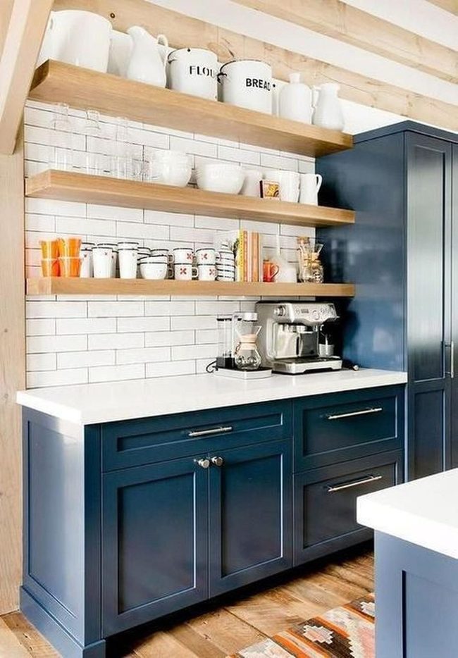 Navy Cabinets White Subway Tile