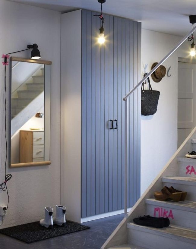 Wood Mirror With Blue Closet Doors