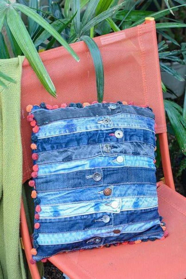 Denim Pillow Pom-Pom Trim
