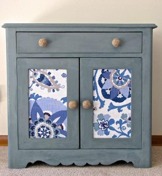 Blue-Gray Cabinet With Floral Glass Doors