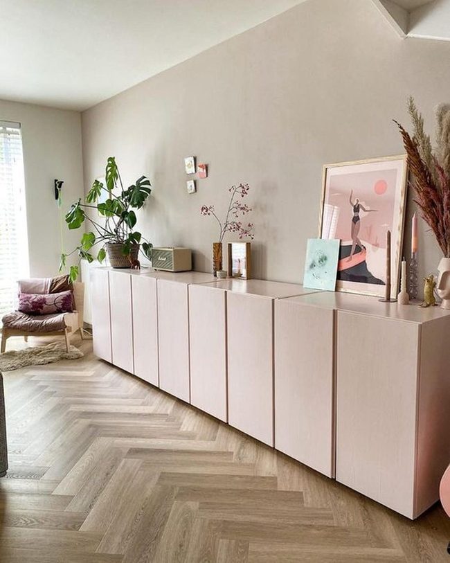 Pink Cabinets, Herringbone Warmth
