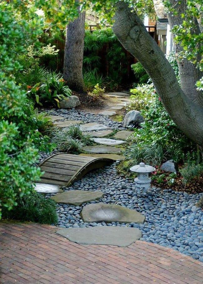 Curved Stone Path With Wooden Bridge