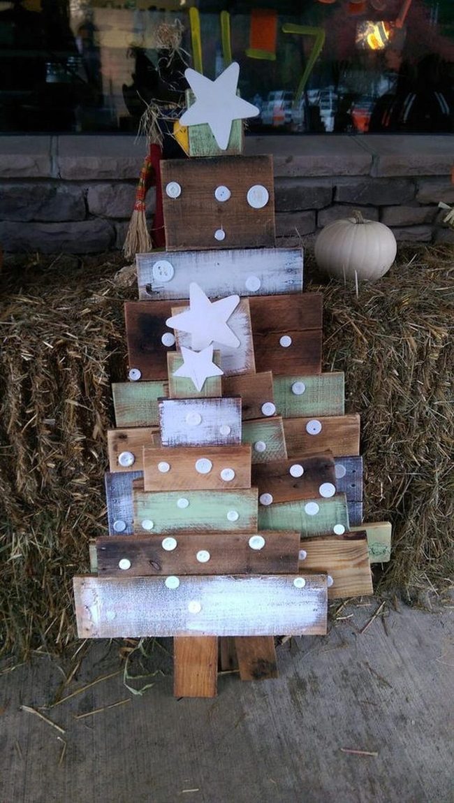 Natural Wood Christmas Tree With White Stars