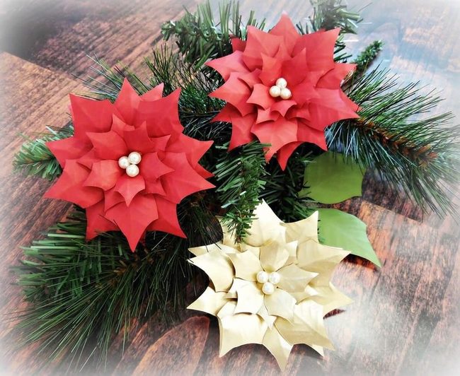 Crimson Paper Poinsettias With Pearls