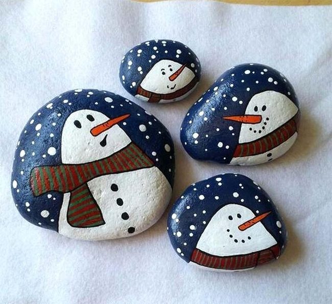 Painted Stone Snowmen Blue