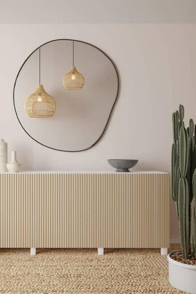 Ribbed Teak Cabinet With Boho Mirror