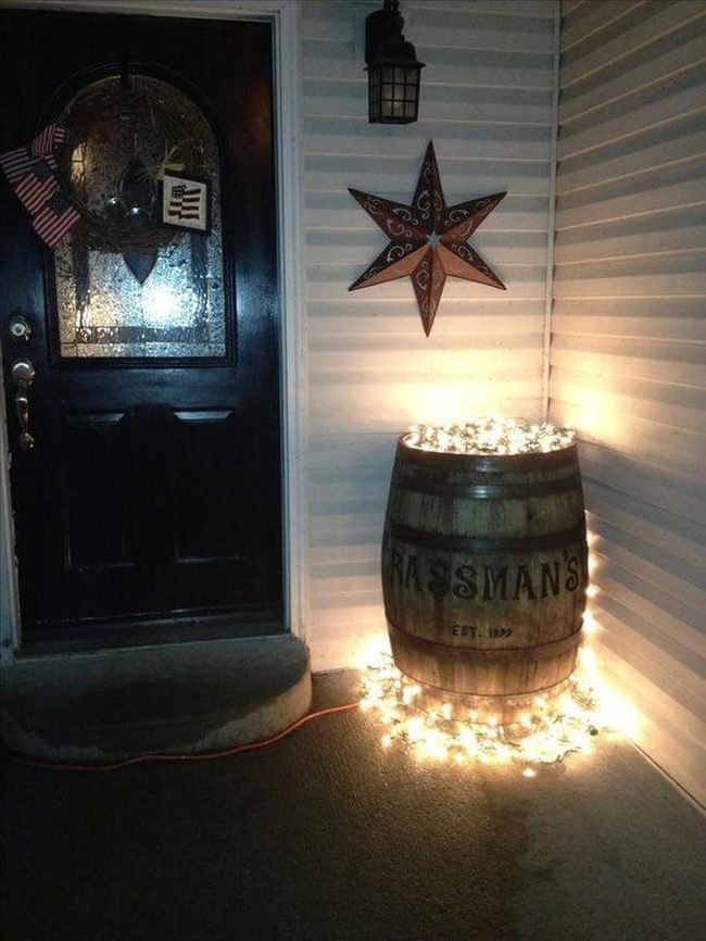 Barrel Planter With Fairy Lights