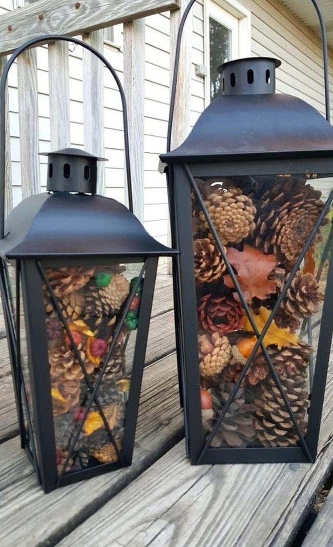 Black Metal Lanterns With Autumn Leaves