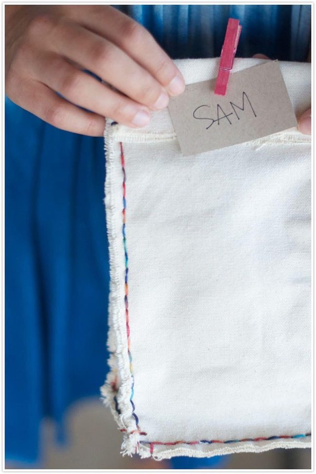 Handstitched Fabric Squares With Brown Tags