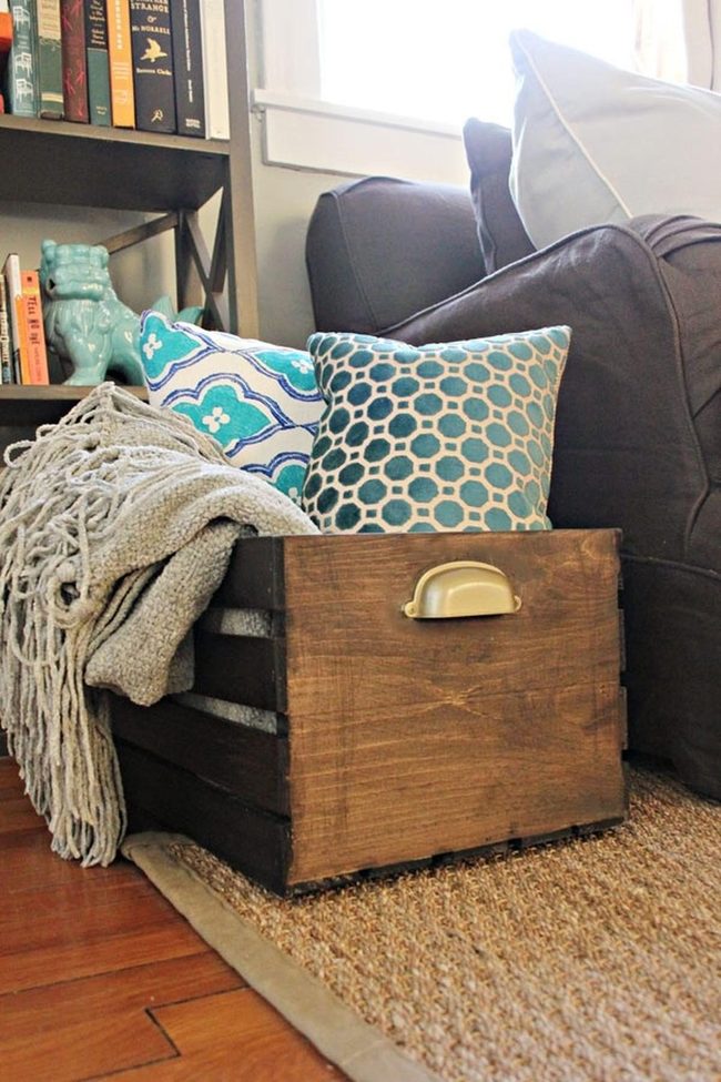 Blue Patterned Pillows, Wooden Crate