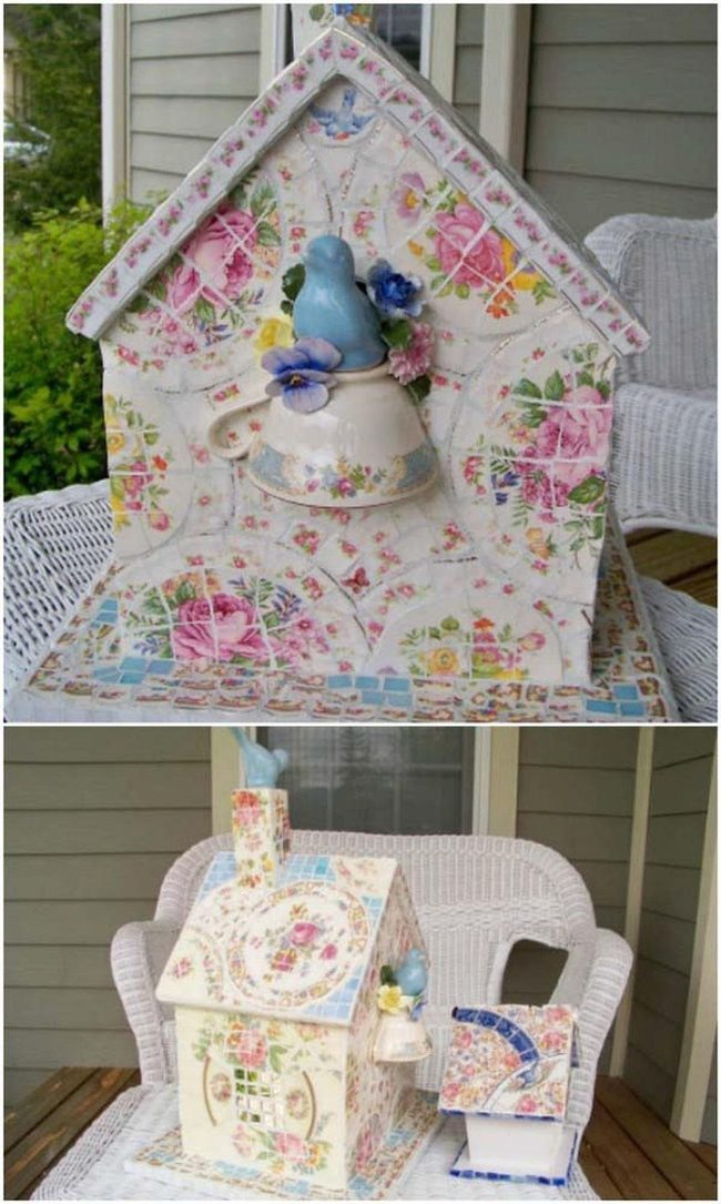 Colorful Broken China Birdhouses