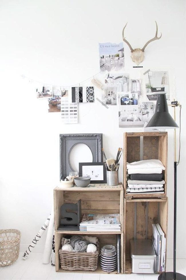 Wooden Crates, White Walls, Black Lamp