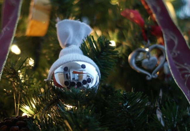 Snowman Ornaments Among Silver Branches