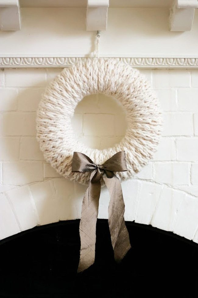 White Brick Fireplace, Cream Yarn Wreath