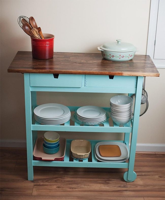 Light Blue Kitchen Cart With Red Accents