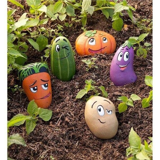 Painted Pebbles Among Vegetables