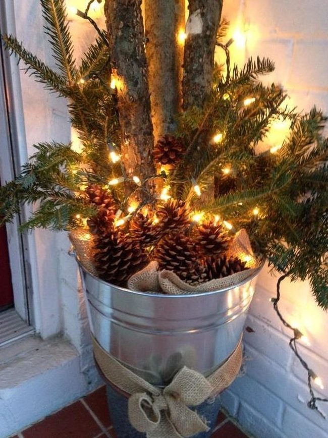 Silver Buckets, Pine Branches, String Lights