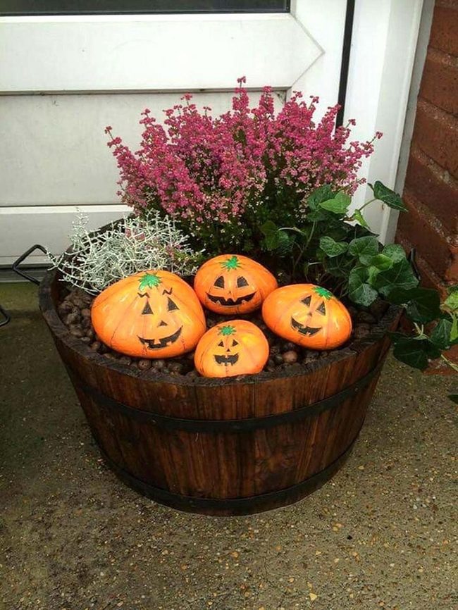 Orange Pumpkins, Pink Flowers, Wood