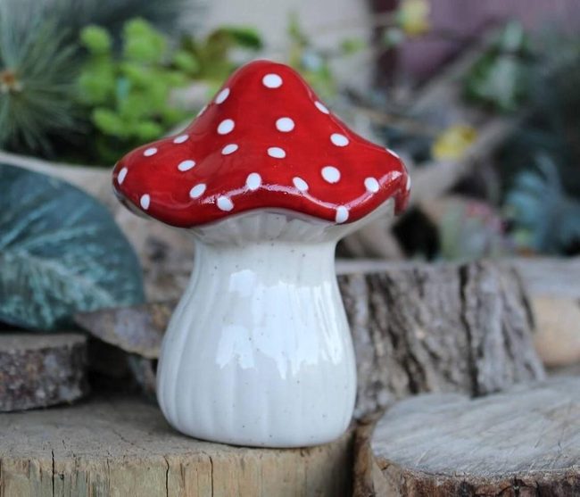 Red Ceramic Mushroom Garden Statue